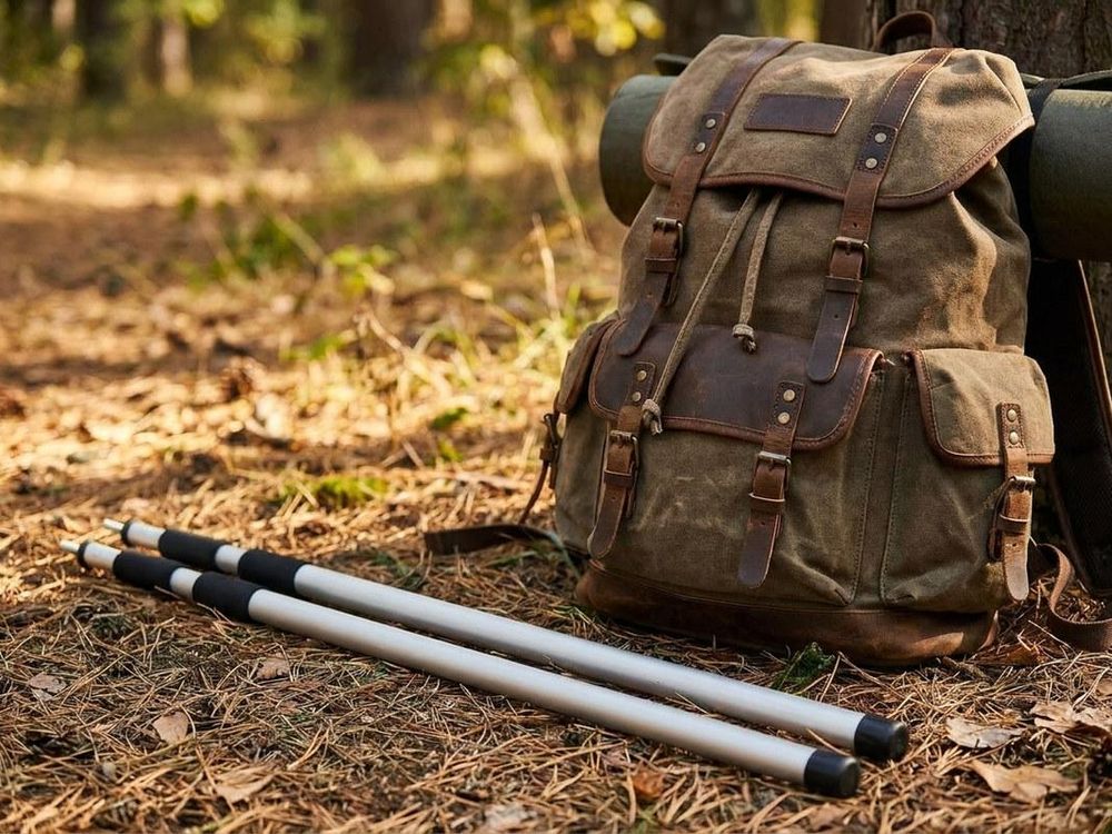 Zwei zusammengeschobene Aufstellstangen aus Aluminium neben einem Rucksack