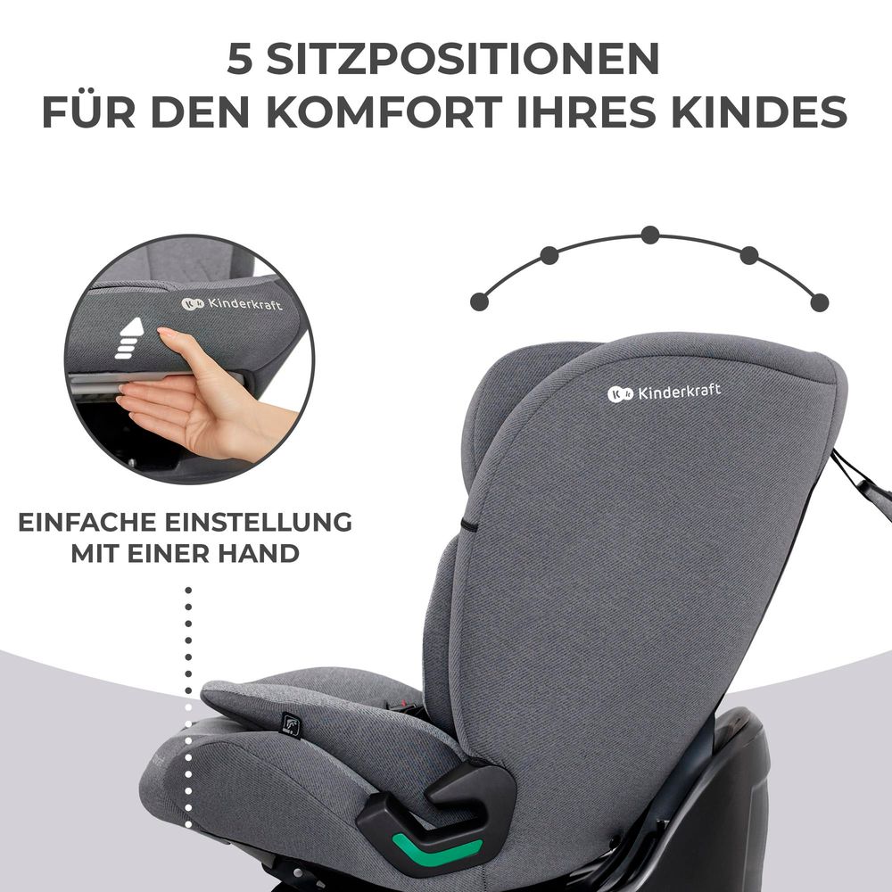 Kinderkraft ONETO3 i-Size Kindersitz 76-150 cm - ISOFIX & TOP TETHER - 3-lagige Kopfstütze - RECLINING-Funktion - ab 15 Monate bis 12 Jahre - Grau