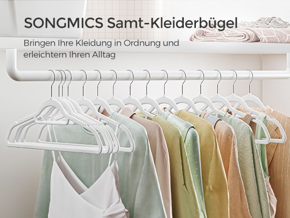 SONGMICS Kleiderbügel Samt, 50er Set, Bügel, rutschfest, kleine Stange für Krawatten, 360° drehbarer Haken, 0,6 cm dick, platzsparend, 43,5 cm lang