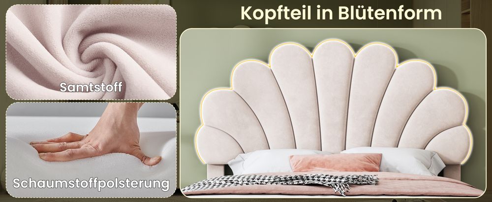 MODFU Jugendbett Boxspringbett Hydraulisches 140 x 200 cm mit verstellbares Kopfteil in geblümtemform, Polsterbett Funktionelles mit Lattenrost, Doppelbett Stauraumbett mit Bettkasten Stauraum, Samtstoff Beige(Ohne Matratze)