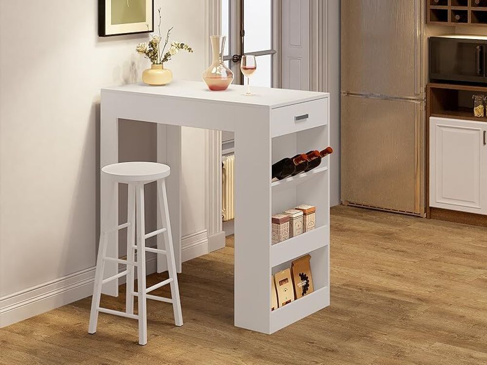 WOLTU Stehtisch Bartisch, mit 1 Schublade 3 Ablagen, mit Weinregal, Küchentisch : Weiß + Helleiche Farbe: Weiß + Helleiche
