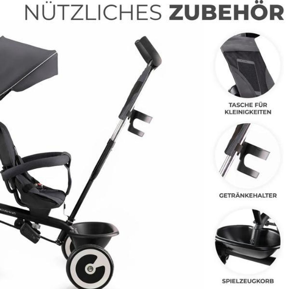 Kinderkraft ASTON - Dreirad - drehbarer Sitz - große unzerstörbare Räder - klappbar - Sicherheitsgurte - verstellbarer Elterngriff - Zubehör - Grau