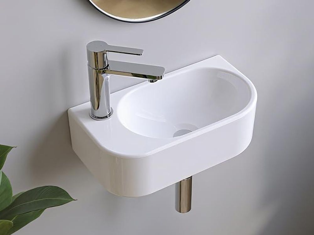 AQUABATOS Hängewaschbecken Keramik Waschtisch Handwaschbecken, mit Hahnloch Links und Stockschrauben,Weiß, Ovale Waschbecken 40 x 21.5 x 10.5 cm