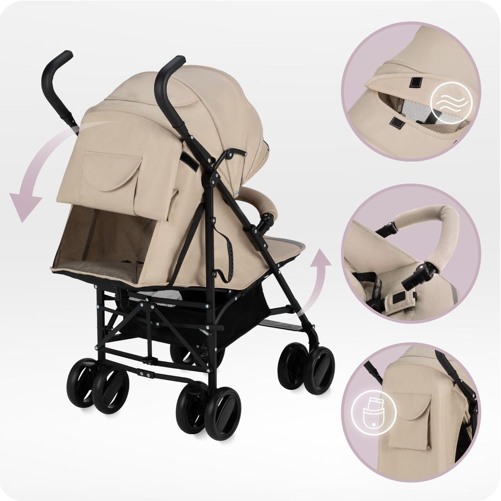 MoMi AKIRA – Ultraleichter Baby Kompaktbuggy 6,7 kg mit verstellbarer Rückenlehne & Drehbügel, inkl. Tasche & Moskitonetz, bis 15 kg – Beige