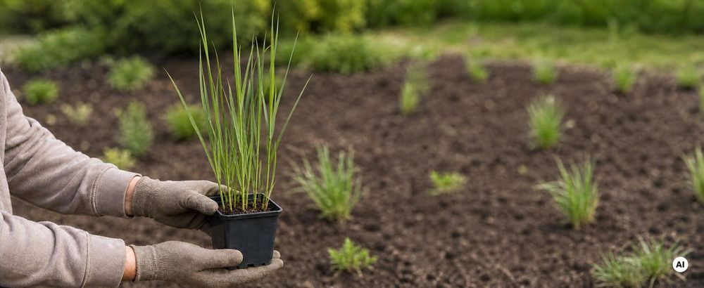 Topf in Händen, Gartenhandschuhe, Beet im Hintergrund