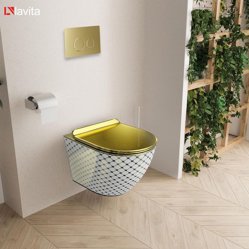 Lavita LAV 101 Vorwandelement für WC 40cm + Wand Hänge Tiefspül WC SOFI SLIM CHECKED GOLD Spülrandlos + Bedienplatte LAV 200.4.5 Gold | Komplettset | Unterputz Spülkasten | Toilette Komplett Sett