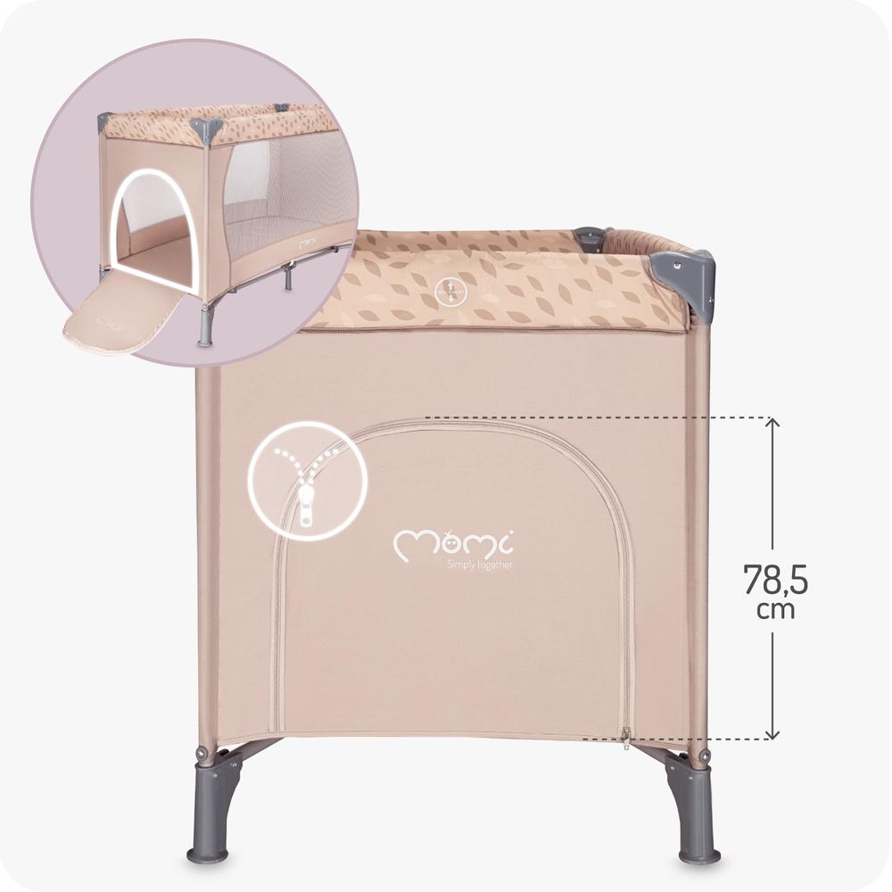 MoMi BELOVE – Reisebett mit Klappfunktion, Sicherheitsverriegelung, Seiteneingang, Tasche – Beige