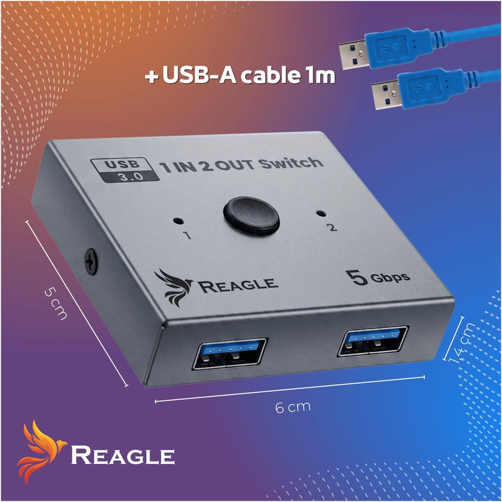 Reagle USB 3.0 Switch Bidirektional 1x2 2x1 Umschalter für 2 Computer auf 1 Gerät oder umgekehrt 5Gbps Datenübertragung Aluminium Gehäuse Plug Play