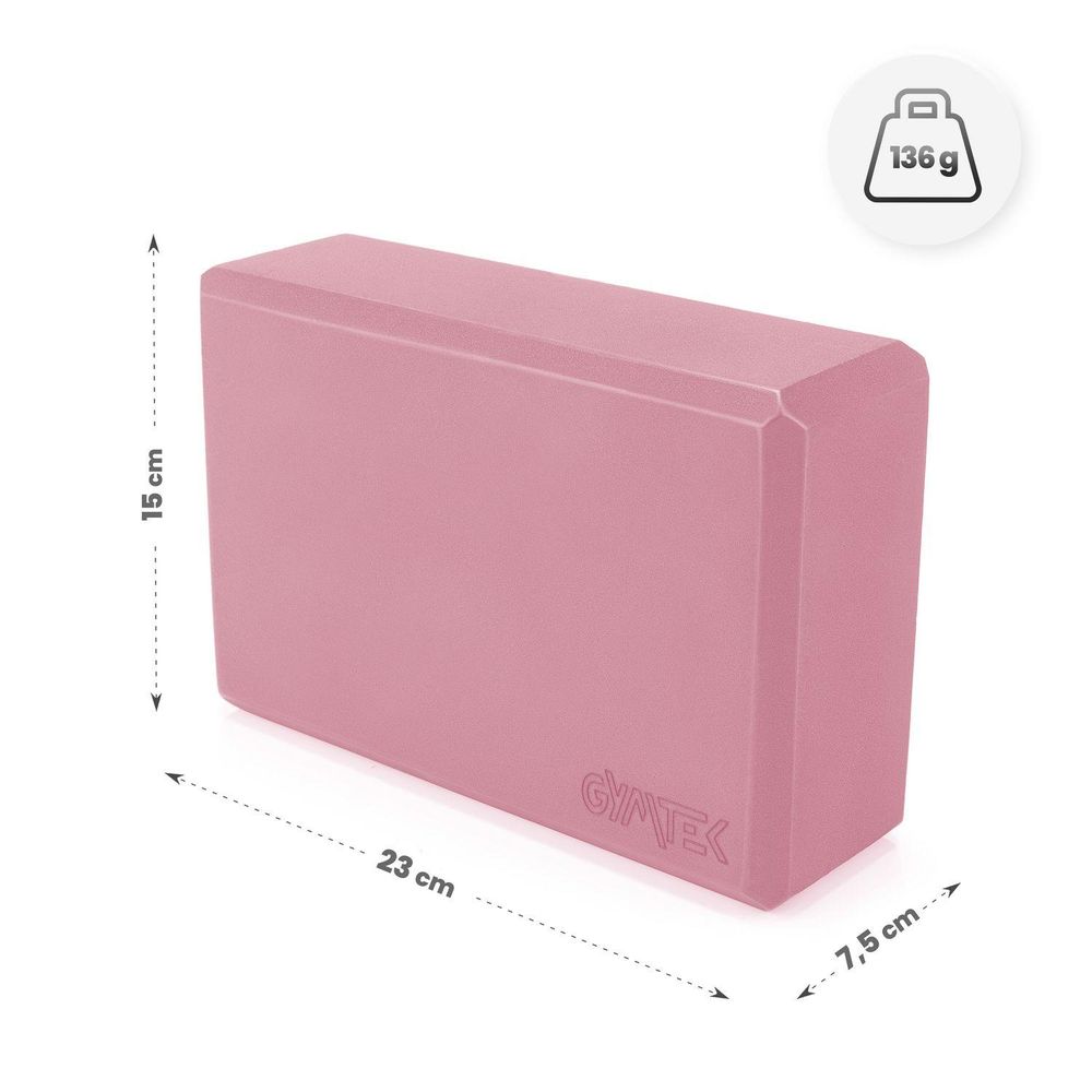 Rosa Yogablock von GYMTEK mit Maßen: 23 cm x 15 cm x 7,5 cm und Gewicht von 136 g