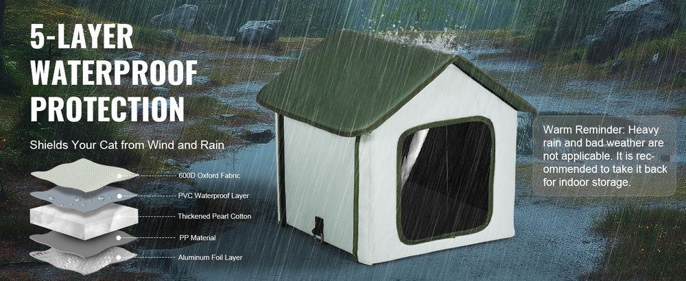 VEVOR Beheiztes Katzenhaus, Außenshelter für Katzen mit einstellbarer Temperatur und Timer, faltbares Katzenhaus aus 600D Oxford-Stoff mit beheiztem Pad für den Winter, um warm und gemütlich zu bleiben, Grün (Mittel), Grün-35x34x40 cm