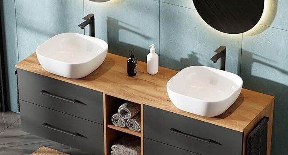 Planetmöbel LUX Waschtischunterschrank 70 cm hängend ohne Aufsatz-Waschbecken Gold Eiche/Anthrazit