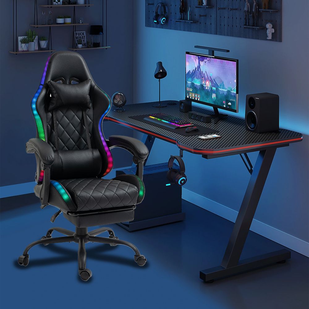 Delman Gaming Stuhl Bürostuhl Ergonomisch RGB LED Beleuchtung Kunstleder Sessel mit Fußstütze Metallfußkreuz 02-0055BK