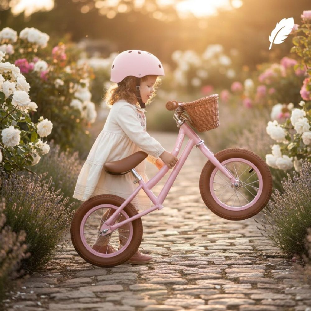Meisje tilt haar roze loopfiets op in een zonnige tuin