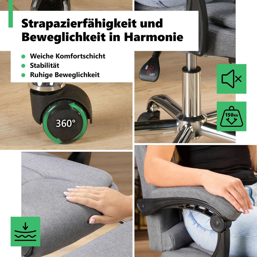di volio Bürostuhl Baldo Dunkelgrau, ergonomischer Schreibtischstuhl mit Sitzhöhenverstellung und Fußstütze, max. Körpergewicht 150 kg, robust