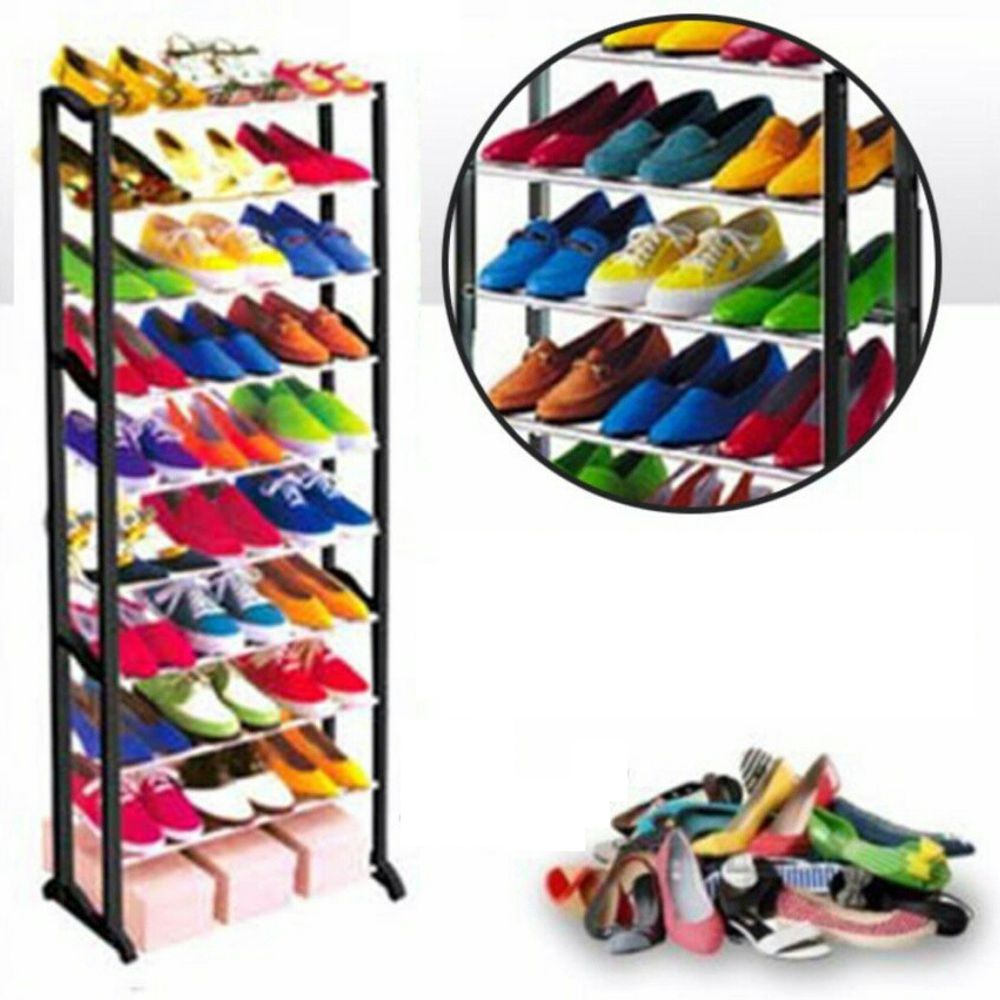 Schuhregal Schuhablage mit 10 Böden Schuhständer aus Metall Schuhschrank für 30 Paar Schuhe Stapelbaren Schuh-Organizer 140 x 25 x 51cm Schwarz Retoo