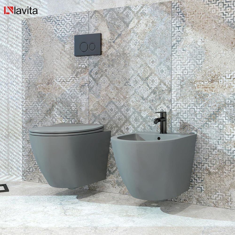LAVITA Wand-WC Sinto Grey | HŠnge Toilette | Toilettendeckel mit Absenkautomatik & Metallscharniere | Toiletten SpŸlrandlos HŠngend | Toilettenbecken | 365x490x395 cm | Grau