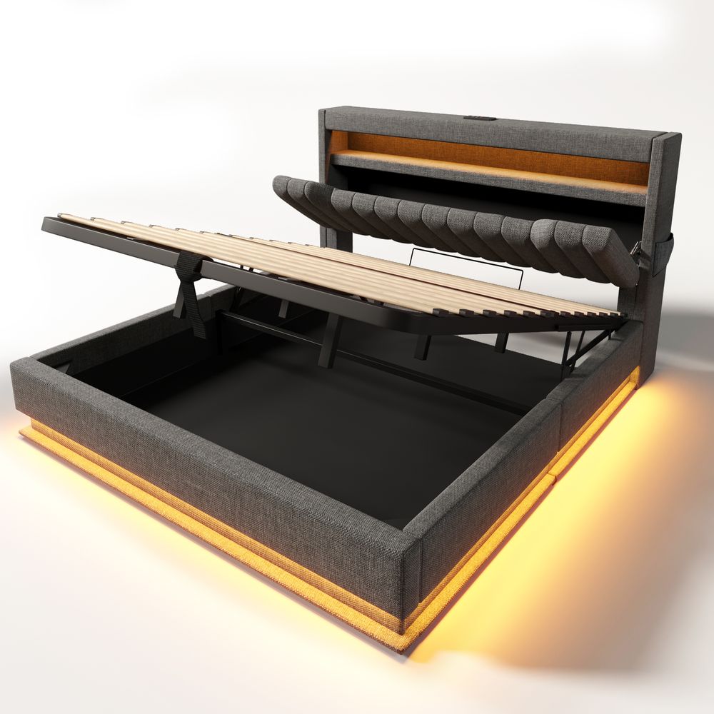 Flieks Polsterbett 160x200cm mit Ladefunktion (USB & Type-C), Doppelbett Jugendbett mit Led, Stauraumbett Boxspringbett mit Stauraum, Leinen, Grau