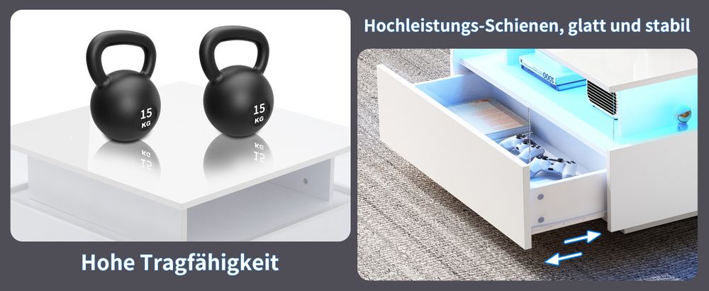 MODFU Couchtisch Wohnzimmertisch LED-Couchtisch für Wohnzimmer, Schlafzimmer, Beistelltisch Quadratischerr mit 2 Schubladen und transparentem Präsentationsbereich, Weiß