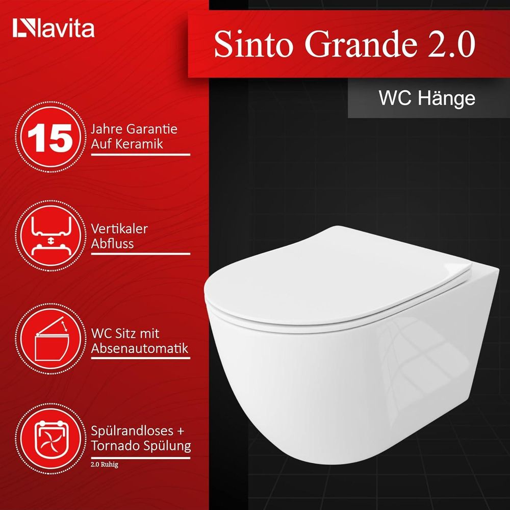 Lavita | Hängende WC - Toilette Sinto Grande 2.0 - Keramik - Leises Spülen - Spülrandlos - Hygienische Toilette
