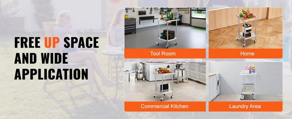 VEVOR Edelstahl Vorbereitungs Tisch, 24 x 24 x 34 Zoll, Schwerlast Metall Arbeitstisch mit 3 verstellbaren Höhenstufen, Gewerbliche Arbeitsstation für Küche Garage Restaurant Garten, 610 x 610 mm