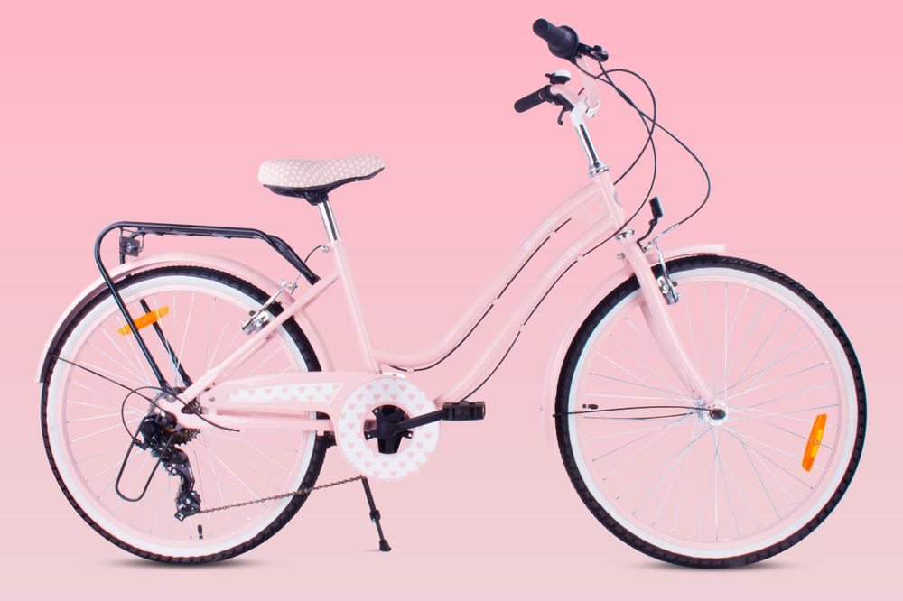 SUN BABY Heart Bike Mädchenfahrrad 24 Zoll, Fahrrad für Mädchen ab 8 Jahre, 7-Gang Shimano, V-Brake, Gepäckträger, Reflektoren (Weiß-Gold, 24 Zoll)