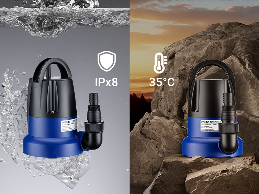 Wiltec Tauchpumpe 400 W, Schmutzwasserpumpe mit max. Fördermenge 7000 l/h, Pumpe zum Absaugen von Wasser max. Förderhöhe 7 m, Flachsaugpumpe für Keller