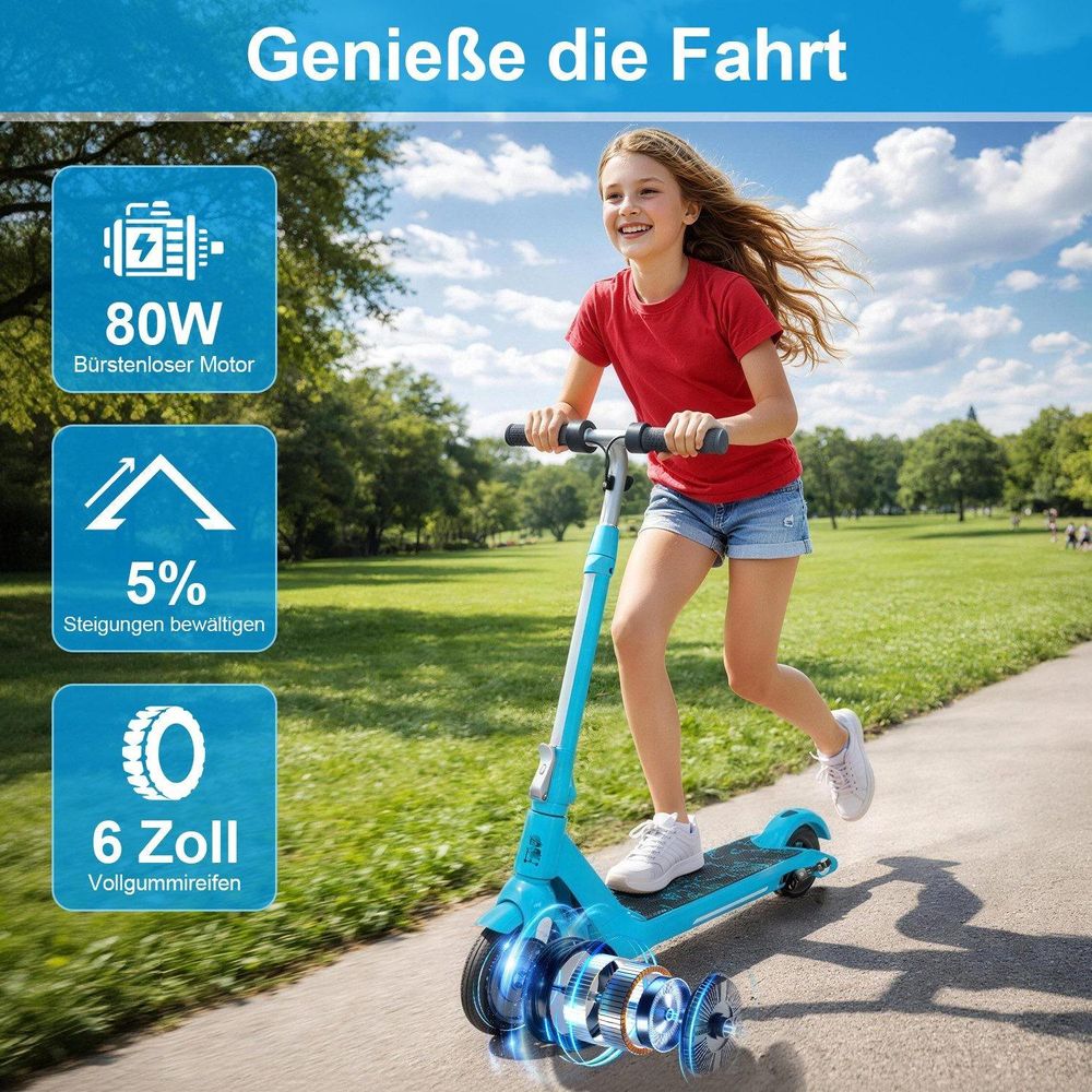 Elektroscooter Kinder mit Langstrecken, bis zu 15km/h Kinderroller, Schnelle Installation zu Tragen E-Roller Für Kinder 6-12, Elektroroller Blau