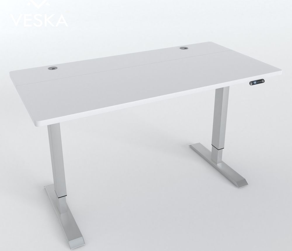 Höhenverstellbarer Schreibtisch (140 x 70 cm) - Sitz- & Stehpult - Bürotisch Elektrisch Höhenverstellbar mit Touchscreen & Stahlfüßen - Silber/Weiß