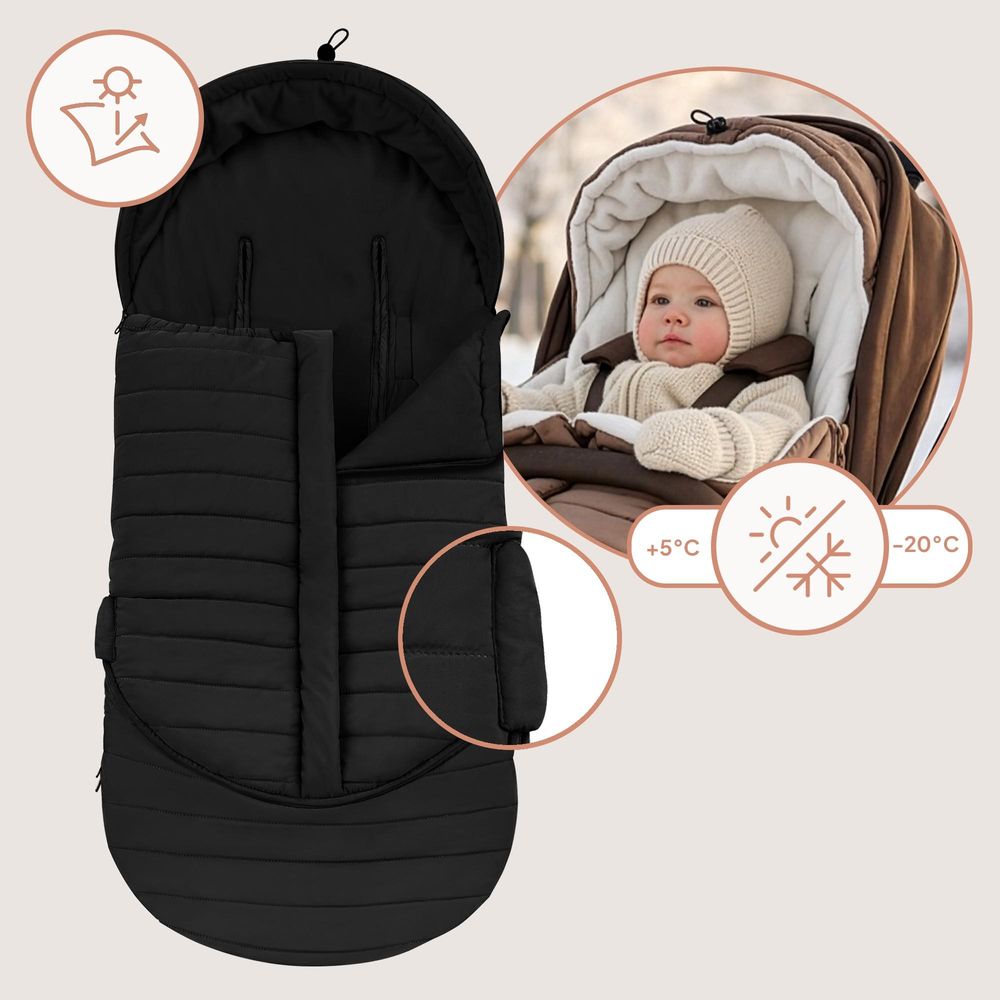 Lionelo Oli Winterfußsack für Kinderwagen & Babywanne, Wasserabweisend, Warm bis –20°C, Universal, Mit Kapuze Schwarz