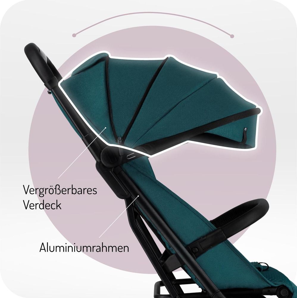 MoMi ANDREA Buggy Kinderwagen bis 22 kg - automatisches Falten - Rucksack, Zubehör - Türkis
