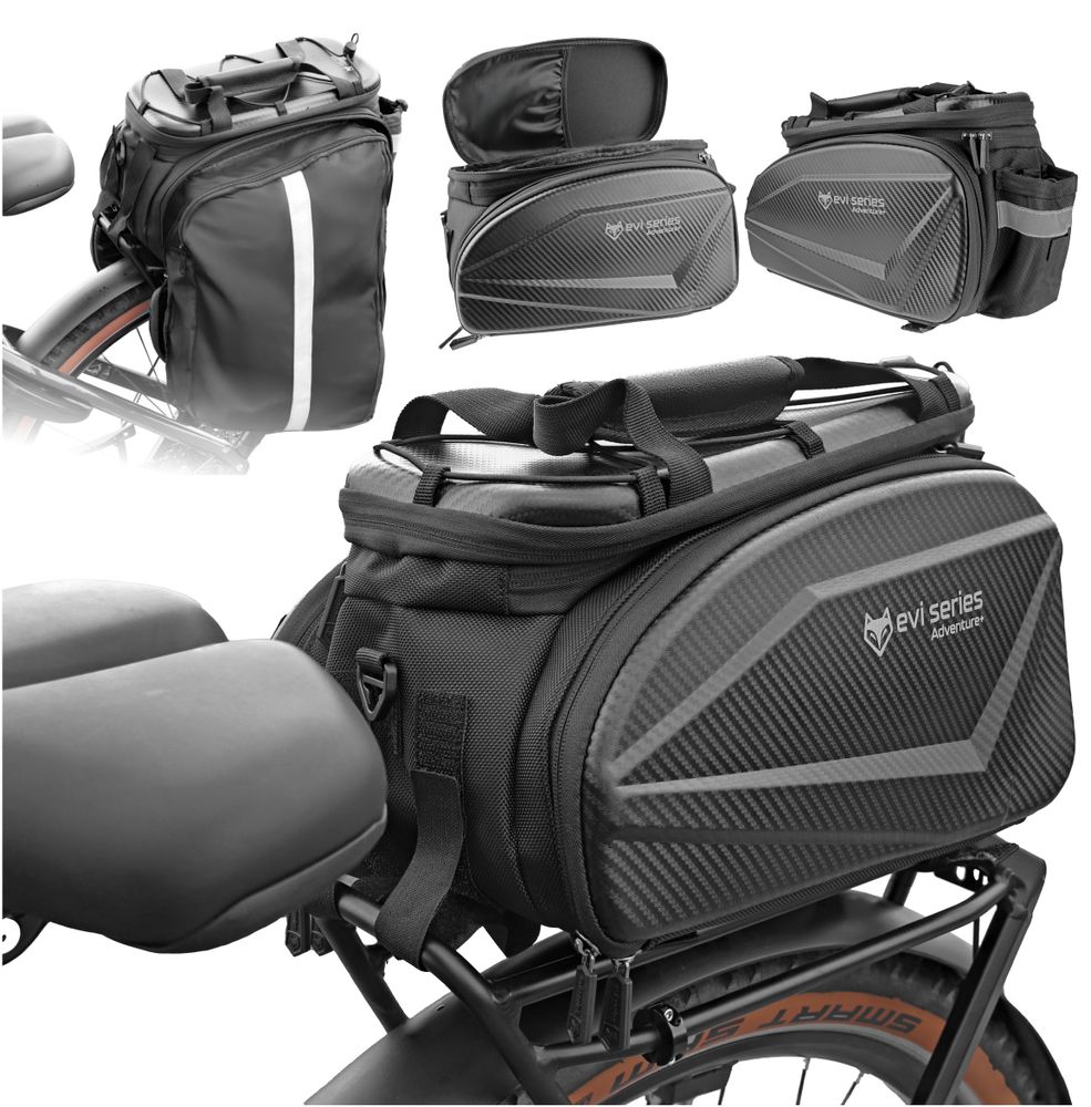 Wodoodporna torba rowerowa na bagażnik 35 l, torba bagażowa EVA Hardtop z osłoną przeciwdeszczową i paskiem na ramię, odblaskowa, EVI BIKE Adventure+ czarna