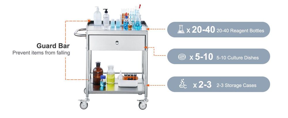 VEVOR Edelstahlwagen, 3-lagiger Labor-Nutzwagen mit 181,4 kg Tragfähigkeit, medizinischer Wagen mit abschließbaren Universalrädern, für Labor, Klinik, Küche, Salon, 2 Schichten
