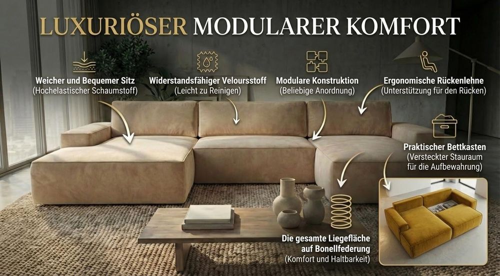 Ecksofa TOR mit Schlaffunktion. Farbe: Cream.