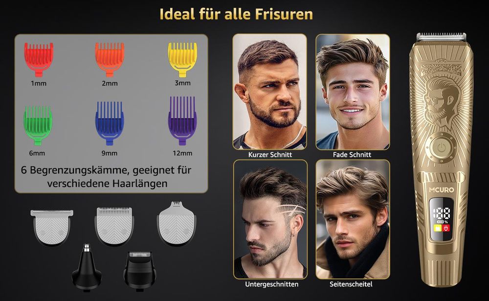MCURO 5-in-1 Profi-Haarschneider – Leistungsstarker 7500-RPM Trimmer mit Edelstahlklingen, LED-Display, USB-C-Schnellladung, 6 Schnittlängen, vielseitigen Aufsätzen, Gold