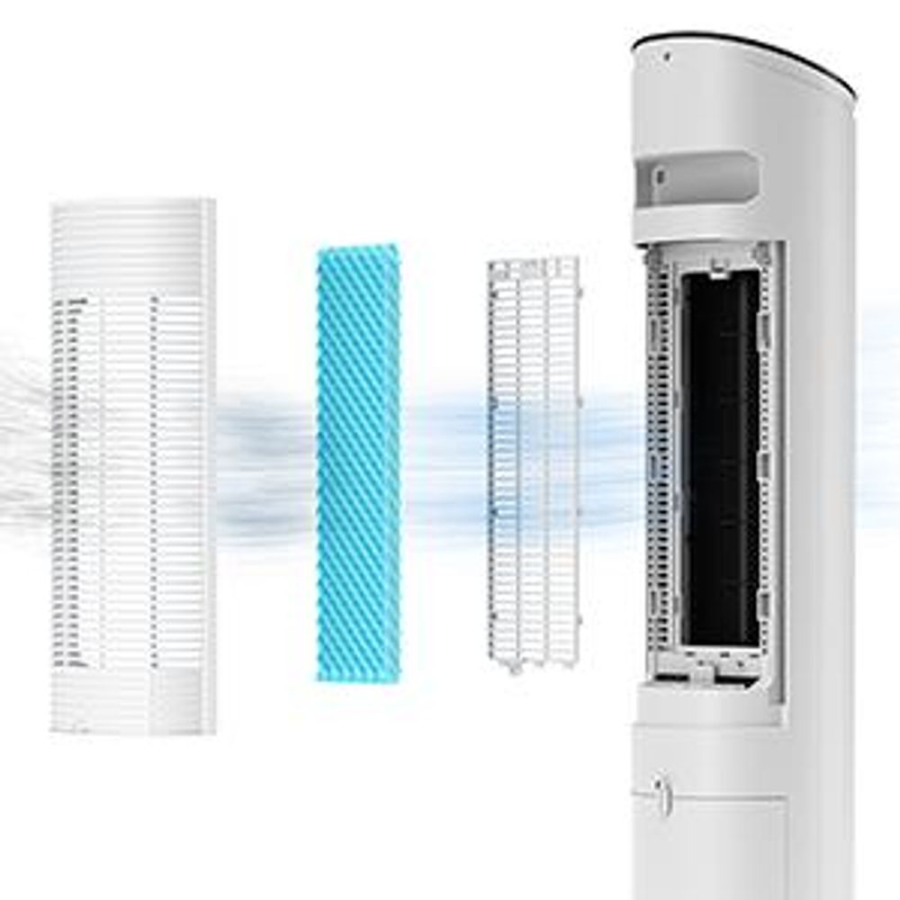 Balter 5in1 Turmventilator mit Fernbedienung, Leiser Standventilator, Wasserkühlung, Oszillation, Luftbefeuchter, Luftreiniger, Ionisator, Timer, weiß