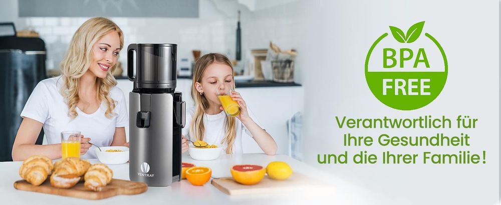 Ventray Max 120 Kaltpress Entsafter BPA frei mit Doppelfilter und 120 mm Einfülltrichter für hohe Saftausbeute leicht zu reinigen 250W, Schwarz