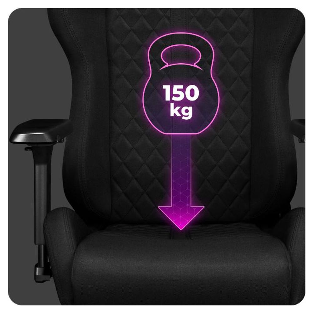 Nahaufnahme der Sitzfläche des Stuhls mit Hinweis auf die maximale Tragkraft von 150 kg