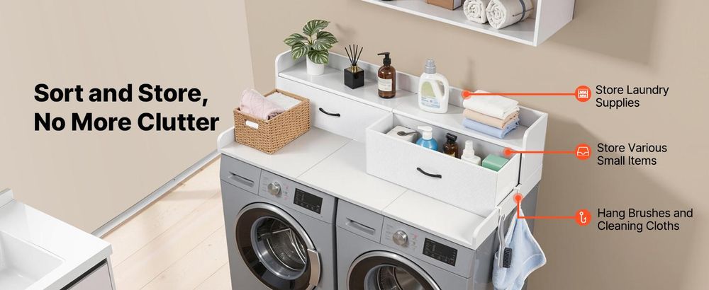 VEVOR Arbeitsplatte für Waschmaschine & Trockner (137 x 69,9 cm) mit Ablage & 2 Schubladen & Haken, für Wäscheschrank Speisekammer Küchentheke, 113 kg Belastbar, Weiß, Ablagefläche für Waschmittel