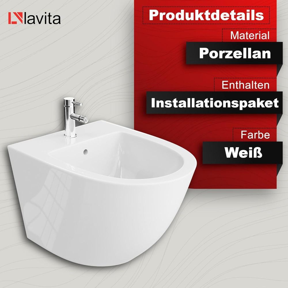 LAVITA Universal Wand-Bidet Sofi mit Hahnloch und Überlaufschutz aus Keramik | Sitzwaschbecken zur Montage an der Wand | Hygienisch |36,5x49x32,5 cm |