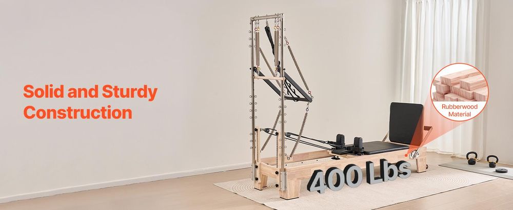 VEVOR Pilates Reformer, Gummibaumholz, für Fitnessstudios, mit doppeltem Widerstand, für Fortgeschrittene und Anfänger geeignet, Gewichtskapazität bis 181,44 kg