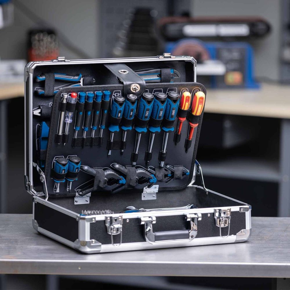Scheppach TB200 Aluminium Werkzeugkoffer gefüllt 141-tlg Werkzeug Set | Werkzeugkiste bestückt| Schraubenschlüssel, Hammer, Zange, Schraubenzieher