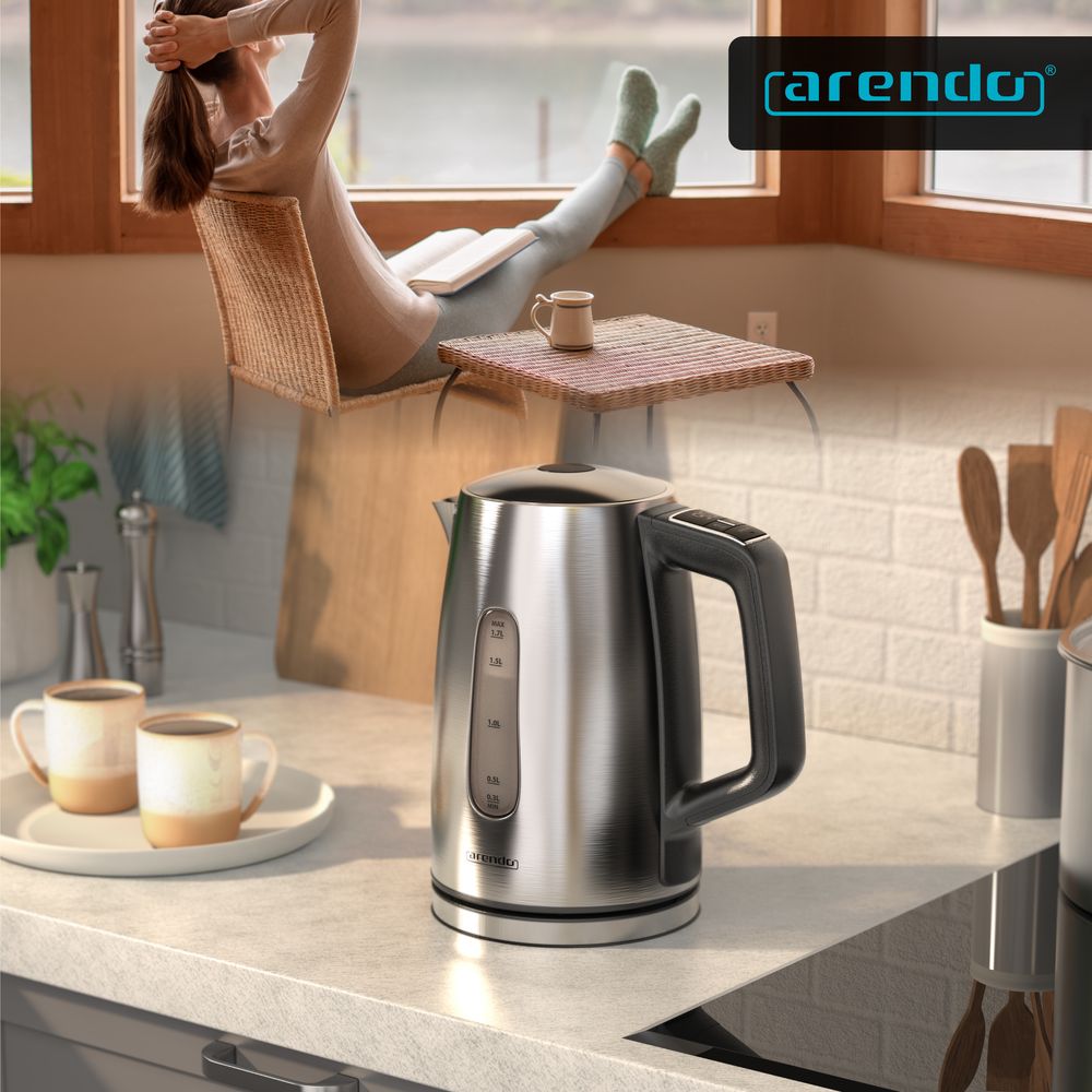 Arendo Wasserkocher mit Temperatureinstellung 35°C - 100°C, Temperaturanzeige, Temperaturwahl, Edelstahl, 1,7 L, 2200W, Warmhaltefunktion, silber