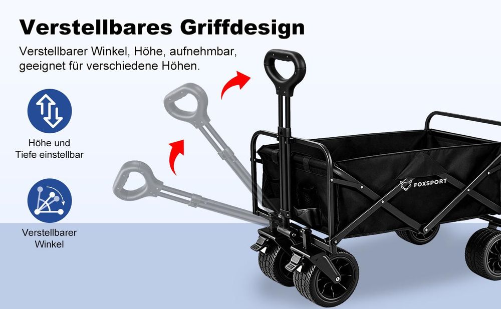 FOXSPORT Bollerwagen Faltbar, Handwagen bis 100kg belastbar, mit verstellbarer Griff, Gartenwagen für Strand, Garten, Einkäufe, 94 x 58 x 59CM,Schwarz