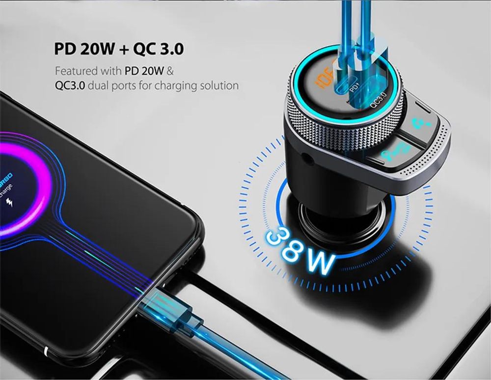 Feegar Q300 Pro FM Transmitter Bluetooth Stereo AUX Auto-Search QC3.0 PD 38W Auto Ladegerät USB HD Mikrofon Typ C PD 3.0/4.0 Siri Assistant Zeigt den