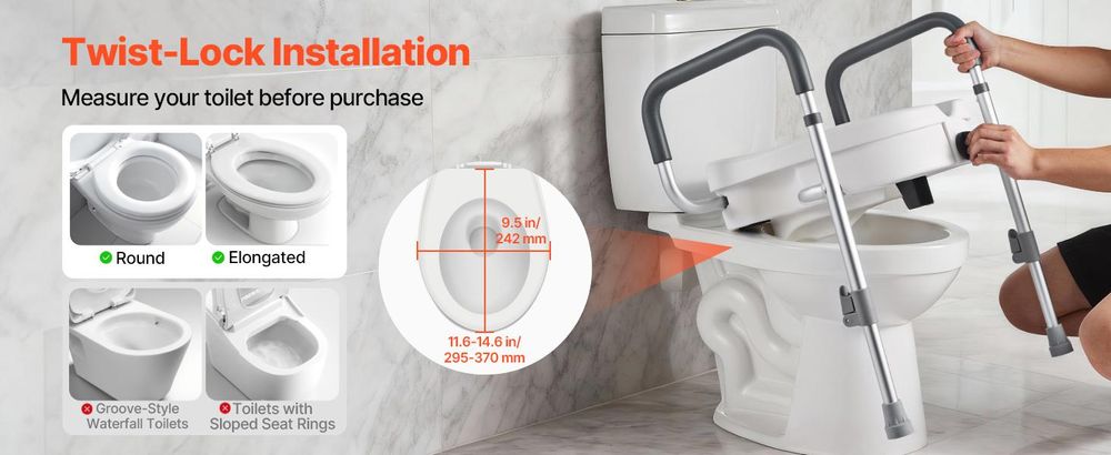 VEVOR Erhöhter Toilettensitz mit Armlehnen, 159 kg Tragfähigkeit, 12,7 cm Erhöhung & verstellbare Breite, verbreiterter erhöhter Toilettensitz mit Griffen für Senioren, ältere Menschen, Behinderte, Erwachsene