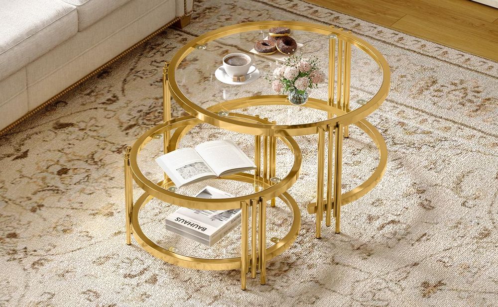 MODFU 2er set Couchtische Rund,Wohnzimmertisch set mit 2 Satztisch Sofatisch,Beistelltisch Gold mit Metallgestell,80×80×45cm