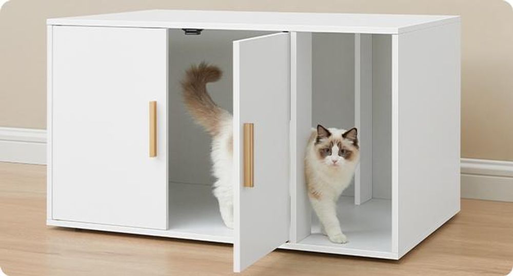 FEANDREA Katzenhaus mit Doppeltüren, Katzenklo-Schrank, Beistelltisch, Vordereingang, 80 x 50 x 45 cm, weiß