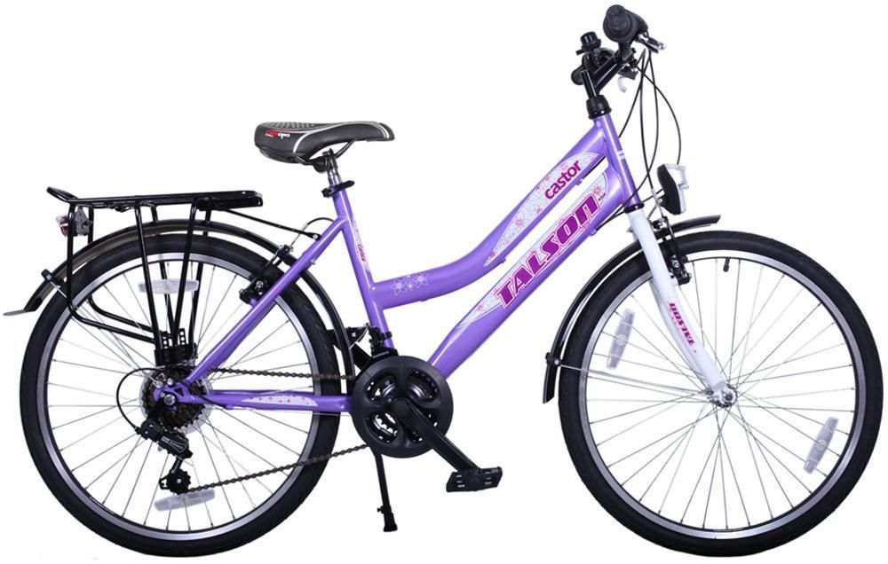Talson City-Fahrrad 26 Zoll, 21-GG-Shimano-Schaltung, mit Beleuchtung und Gepäckträger, Farbe Lila