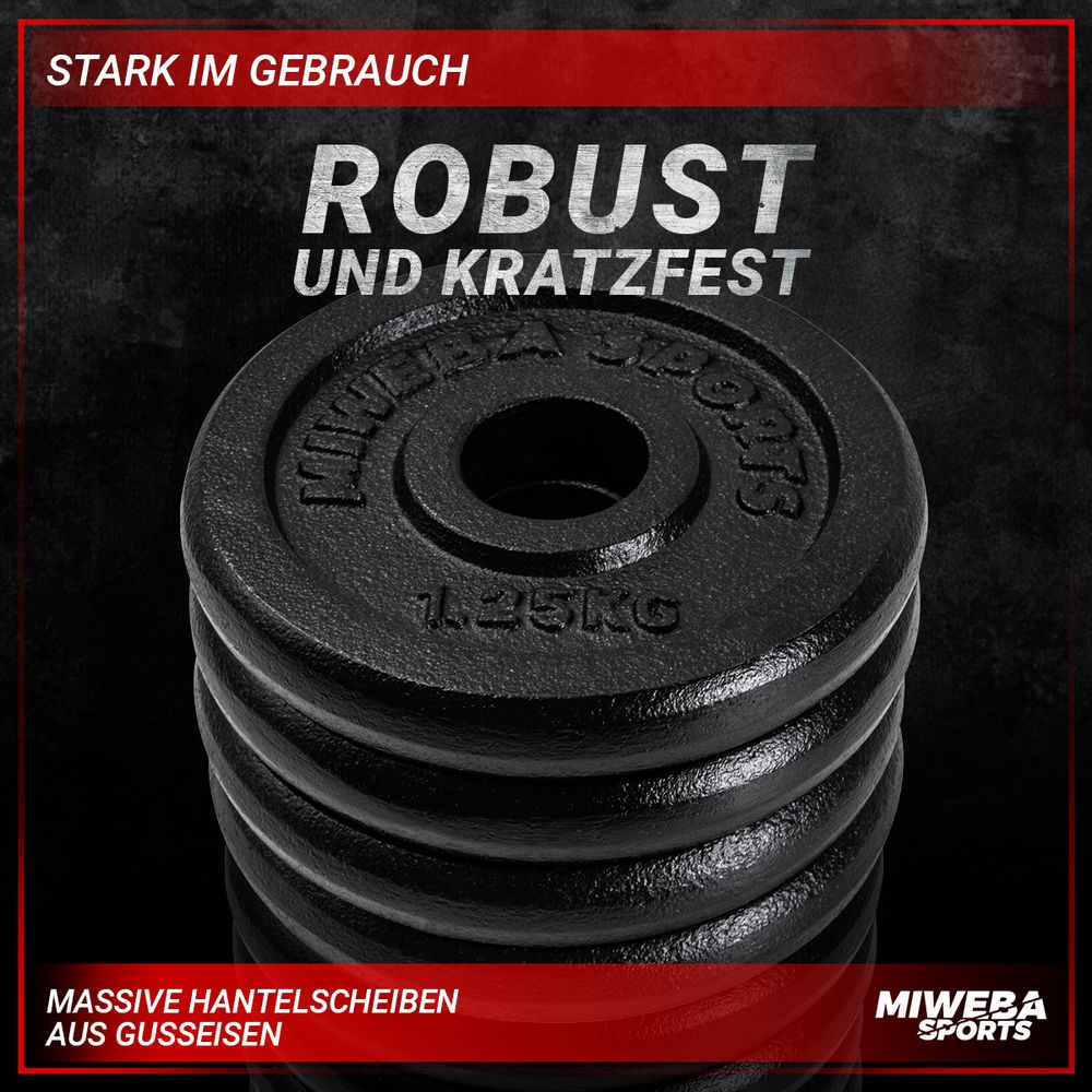 Miweba Sports Hantelscheiben Set | Gusseisen - Hantelgewicht - Gewichtsscheiben - Fitness Scheiben - Gewichte für Hantel - Ø30mm - Schwarz - 4x1,25 kg