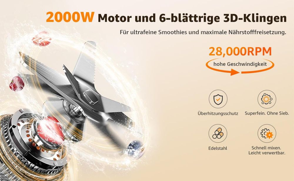 7MAGIC 2000W Standmixer, Mixer 2L BPA Free mit 5 einstellbaren Geschwindigkeiten, 24.000 U/min - Pulsfunktion, Timer, Mixer mit Display, 6 Messer aus Edelstahl, Schwarz